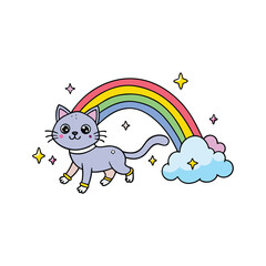 Whimsical cat walking on a vibrant rainbow with fluffy clouds and sparkling stars