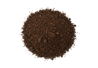 Close-up of a mound of rich dark soil on a white background ideal for gardening and agriculture isolated on white background
