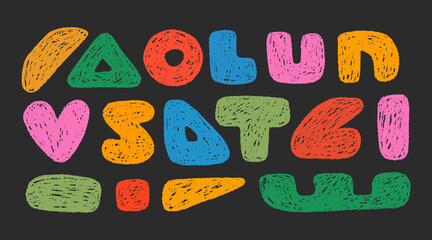 Crayon colorful geometric shapes set on black background. Hand drawn vector abstract forms with pencil texture. Funky trendy cartoon kid stickers, doodle elements. 