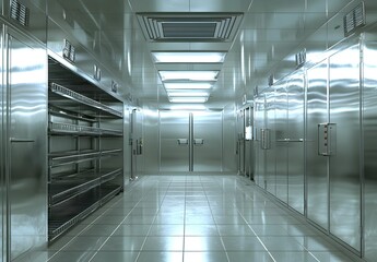Obraz premium Photo of an empty industrial cold room with stainless steel shelves, designed for commercial refrigeration storage