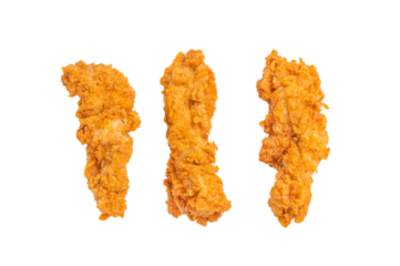 Crispy fried chicken strips from breast fillet isolated on white background