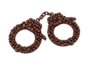 Handcuffs crafted from coffee beans, a striking visual metaphor against a black backdrop.