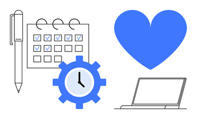 Pen, calendar with ticked boxes, clock in a gear, blue heart, and laptop. Ideal for time management, organization, health, planning scheduling work-life balance and a simple landing page