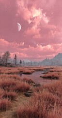 Obraz premium Pink sunset over a marshy landscape with a crescent moon