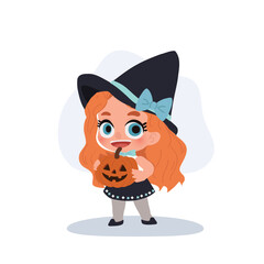 a cute girl dressed as a witch holding a carved pumpkin jack o lantern. trick or treat