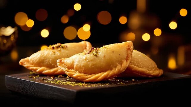 Gujiya / Karanji - Deep-fried dumplings filled with sweetened khoya and dry fruits. on a dark background with golden bokeh lights