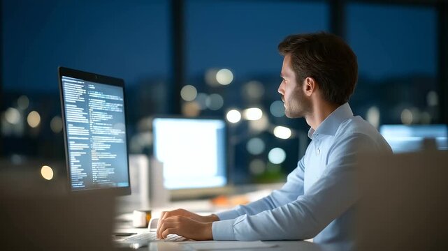 2 A junior codes late at night in a computer lab surrounded by monitors empty energy drink cans and lines of code glowing on screens captured in a techy photo with pixel clarity
