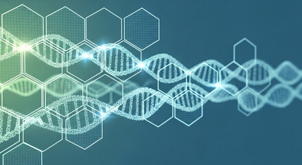 Obraz premium DNA helix structure with hexagons in blue and green tones 