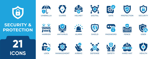 Protection Icon Set. Features icons for security, shield, privacy, safety, data protection, and defense. Perfect for businesses, IT, healthcare, and personal safety visuals.