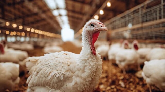 Portrait of a white turkey in a large indoor enclosure with a red wattle, surrounded by more turkeys; farm setting.
