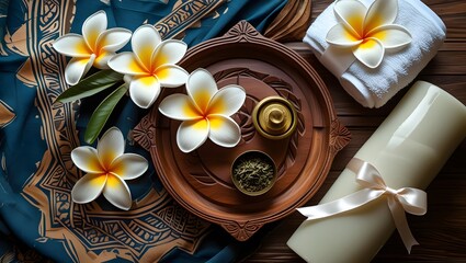 Flatlay spa set with essential oils, frangipani flowers and wellness accessories on natural background

