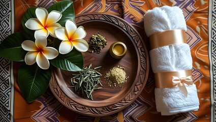Flatlay spa set with essential oils, frangipani flowers and wellness accessories on natural background

