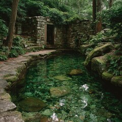 Serene pool nestled in lush greenery, beside ancient stone structure