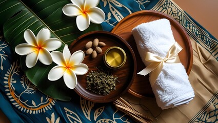 Flatlay spa set with essential oils, frangipani flowers and wellness accessories on natural background


