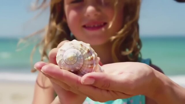 Child holds seashell on beach