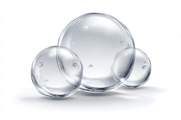Three transparent spheres of slightly differing sizes, with water droplets, cast a soft shadow on a white backdrop