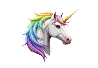 Isolated unicorn head profile with rainbow mane and golden horn for magic design elements