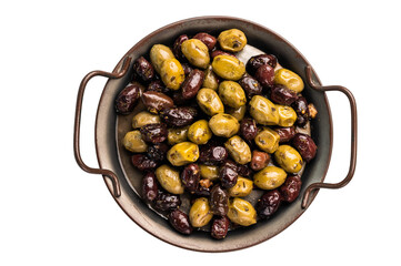 Marinated pickled mix olives in kitchen tray isolated on white background.