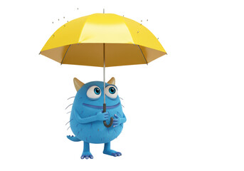 Isolated blue furry monster with horns and big eyes under yellow umbrella in the rain