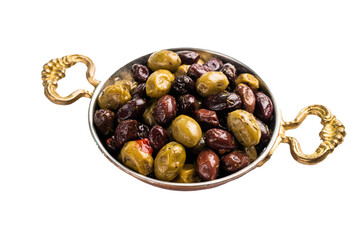 Mix olives with herbs and oil in skillet isolated on white background.