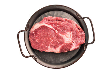 Raw Rib eye steak, marbled prime beef meat isolated on white background