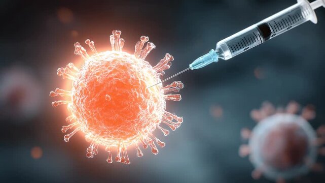 Close-up of a virus particle being injected with a hypodermic needle, symbolizing vaccination, medicine, and healthcare concepts. Focus on combating viral infections.
