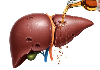 Isolated Liver disease concept of a damaged organ with alcohol pouring into it