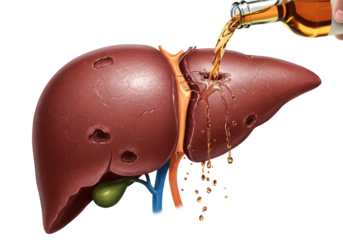 Isolated Liver disease concept of a damaged organ with alcohol pouring into it