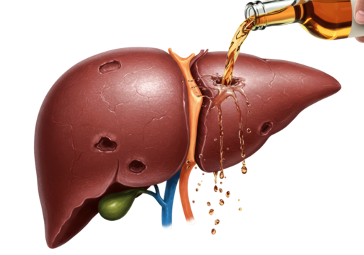Isolated Liver disease concept of a damaged organ with alcohol pouring into it