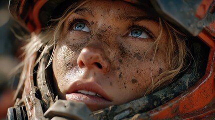 A battle-weary female soldier's hopeful gaze is directed towards the sky.