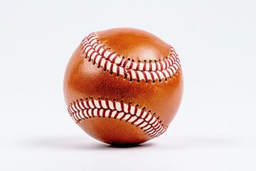 A single, light brown leather baseball sits on a plain white background. Stitching is visible
