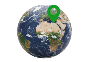 Isolated Earth planet with green location pin, positioning, destination, globe, world, trip