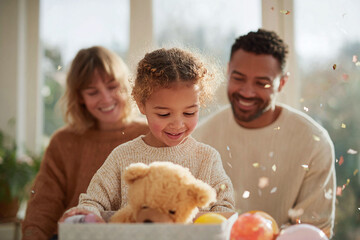 Joyful family celebrating a special occasion, daughter opening a gift box with confetti. Captures warmth, love, and childhood innocence. Suitable for familythemed content.