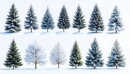 Snowy Evergreens, Winter Scene, White Background