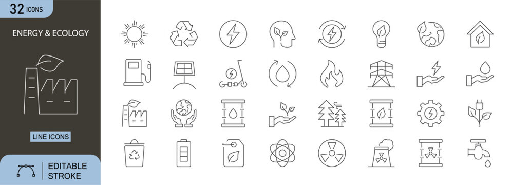 Energy and Ecology icons set. Includes renewable power, recycle, tree, earth, solar, and wind symbols. Editable stroke. Line icons. Perfect for sustainability, green projects, and environment content.
