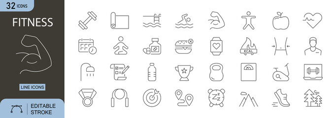 Fitness icons set. Includes workout, exercise, gym, dumbbell, yoga, run, and sport symbols. Editable stroke. Line icons. Perfect for health apps, lifestyle, and training guides.