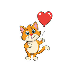 Joyful cat holding a heart shaped red balloon illustration