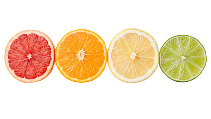 Four sliced citrus fruits grapefruit orange lemon lime isolated on transparent background