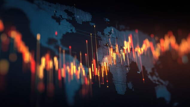 Global data visualization with glowing orange and red charts overlaid on a world map