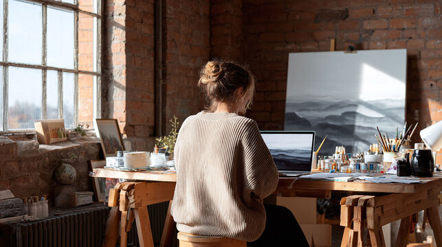 Creative woman working on a laptop in her bright studio. Concept artistic inspiration, modern workspace, creativity, freelancer lifestyle, online art business.