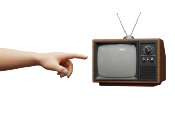 Isolated hand pointing at vintage television set, anachronistic entertainment device technology