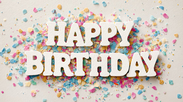 Happy birthday greeting paper letters on colorful confetti