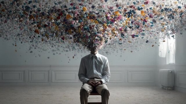 Mind Over Matter: A contemplative individual sits serenely, their head seemingly dissolving into a vibrant cloud of abstract shapes.