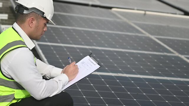 Technical engineer inspects the installation of solar panels and checks the integrity of solar panel