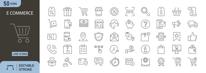 E-commerce icons set. Includes shopping cart, payment, store, delivery, and discount symbols. Editable stroke. Line icons. Perfect for online shops, digital business, and retail platforms.