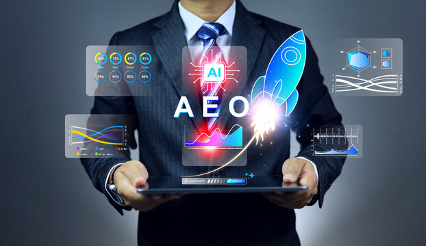 answer engine optimization AEO concept with rocket rising up from tablet screen to optimizing content in artificial intelligence output result