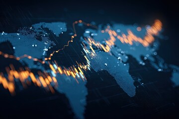 Global financial data visualized on a world map.  Dynamic orange/yellow lines representing trends overlay a detailed, dotted world map on a dark background.  Detailed grid pattern visible