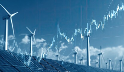 Wind turbines and solar panels overlaid with stock market charts against a blue sky