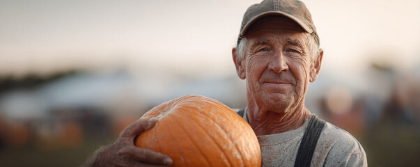 Warm image of a senior farmer holding a pumpkin. Evokes themes of harvest, gratitude, tradition, and rural life. Perfect for autumn or Thanksgiving projects