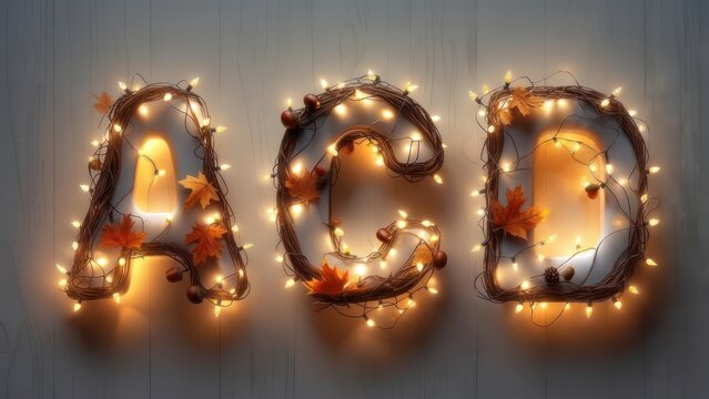Illuminated Autumnal Letters: ACD, Warm Glowing Lights, Fall Leaves, and Twigs